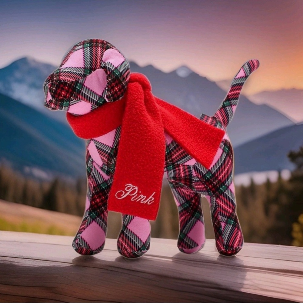 PINK Victoria's Secret Plaid Stuffed Dog with Red Scarf - Picture 2 of 6